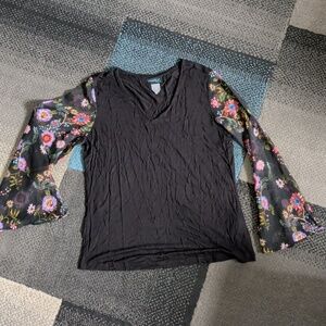 Women’s Black V-Neck Top with sheer Floral Bell Sleeves